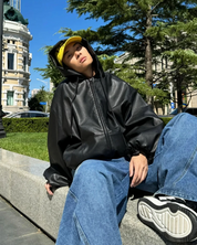 Herren Lederjacke Schwarz mit Kapuze