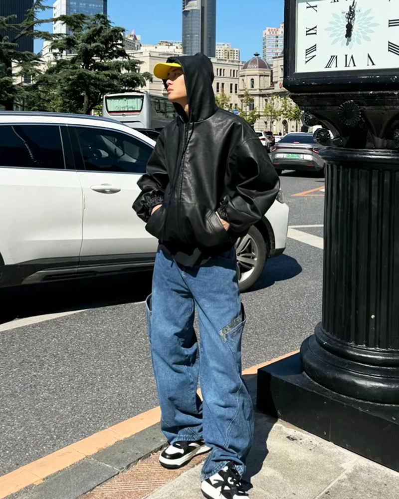 Herren Lederjacke Schwarz mit Kapuze