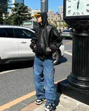 Herren Lederjacke Schwarz mit Kapuze