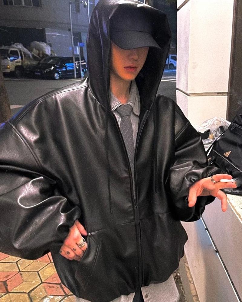 Herren Lederjacke Schwarz mit Kapuze