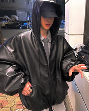 Herren Lederjacke Schwarz mit Kapuze