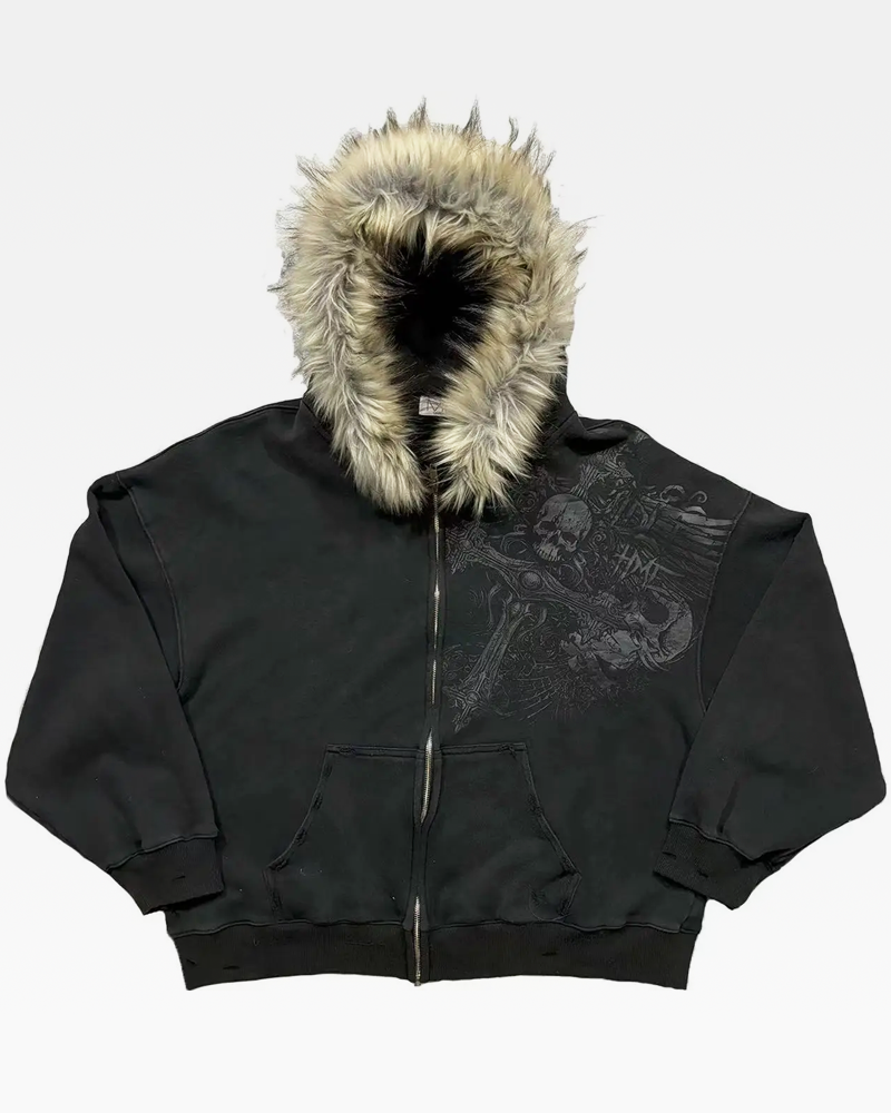 Zip Hoodie mit Fell Kapuze