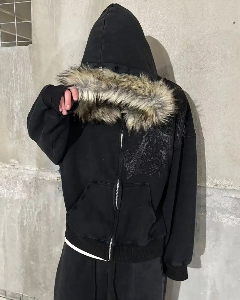 Zip Hoodie mit Fell Kapuze