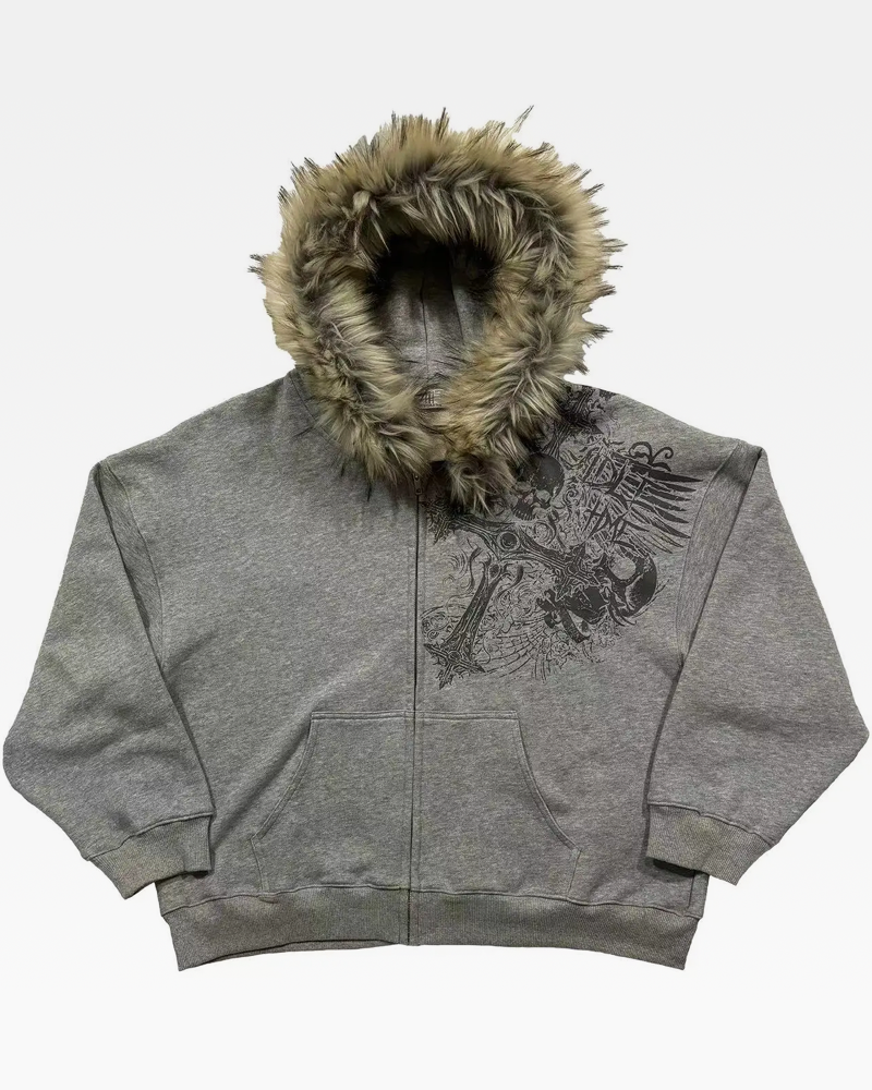 Zip Hoodie mit Fell Kapuze