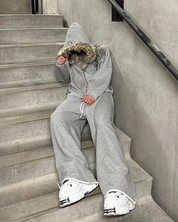 Zip Hoodie mit Fell Kapuze