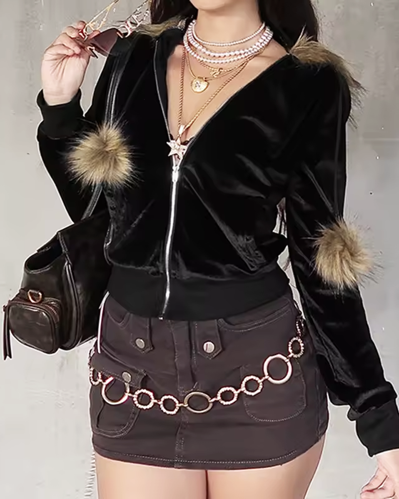 Hoodie With Fur Hood Y2K | Y2K Fusion Hoodie With Fur Hood Y2K | Y2K Fusion