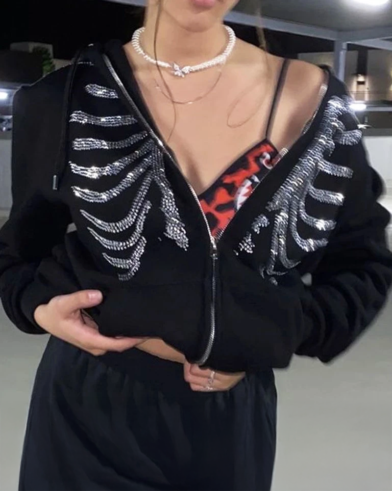 Skelett Hoodie mit Strasssteinen