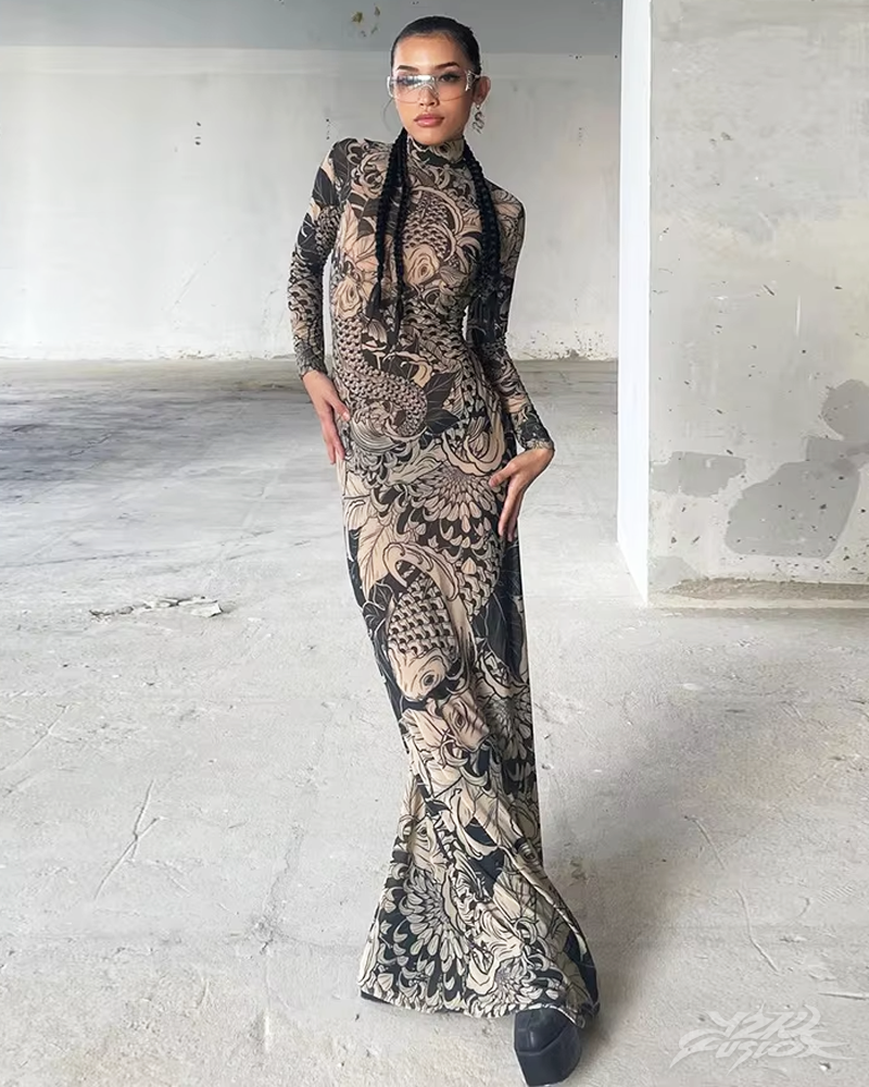 dragon tattoos printed maxi dress fashion nova Dragon Tattoos Printed Maxi Dress - Taupe/combo