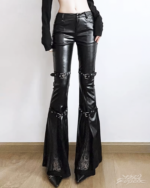 パンツ Rare Dark Black Leather Flare Pants 00s Black Leather Flare Pants | Y2K Fusion