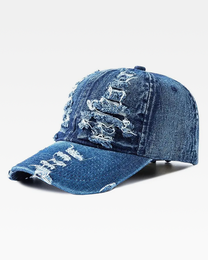 Distressed Denim Baseball Cap, Y2K Style, Adjustable Metal Buckle, Unisex Adult Dark Punk Style Denim Baseball Hat Adjustable Distressed  main image 4