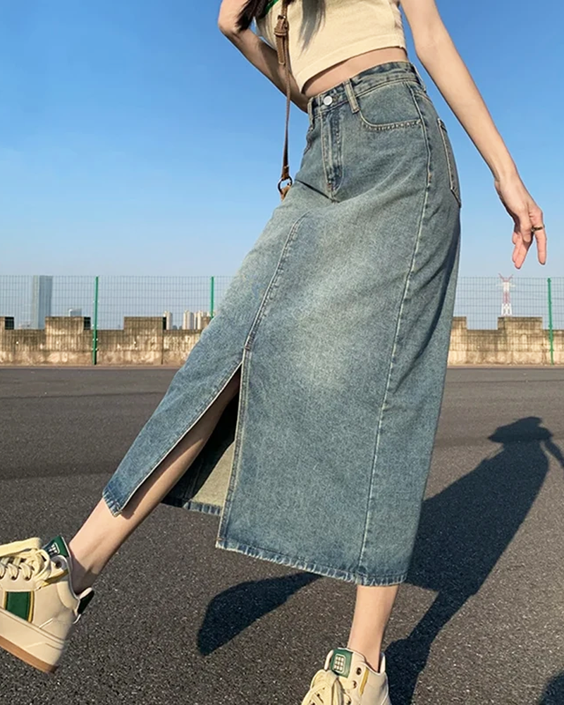 Denim Maxi Skirt With Slit
