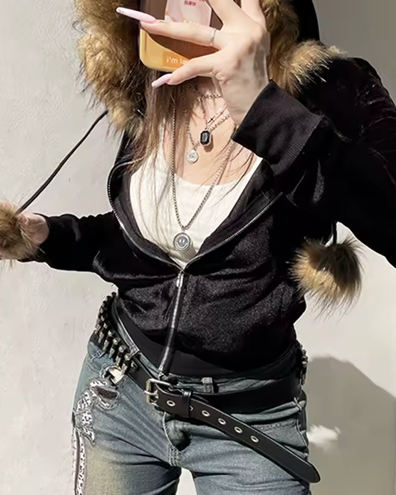 Hoodie With Fur Hood Y2K | Y2K Fusion Hoodie With Fur Hood Y2K | Y2K Fusion