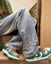 Jeans With Embroidered Flames