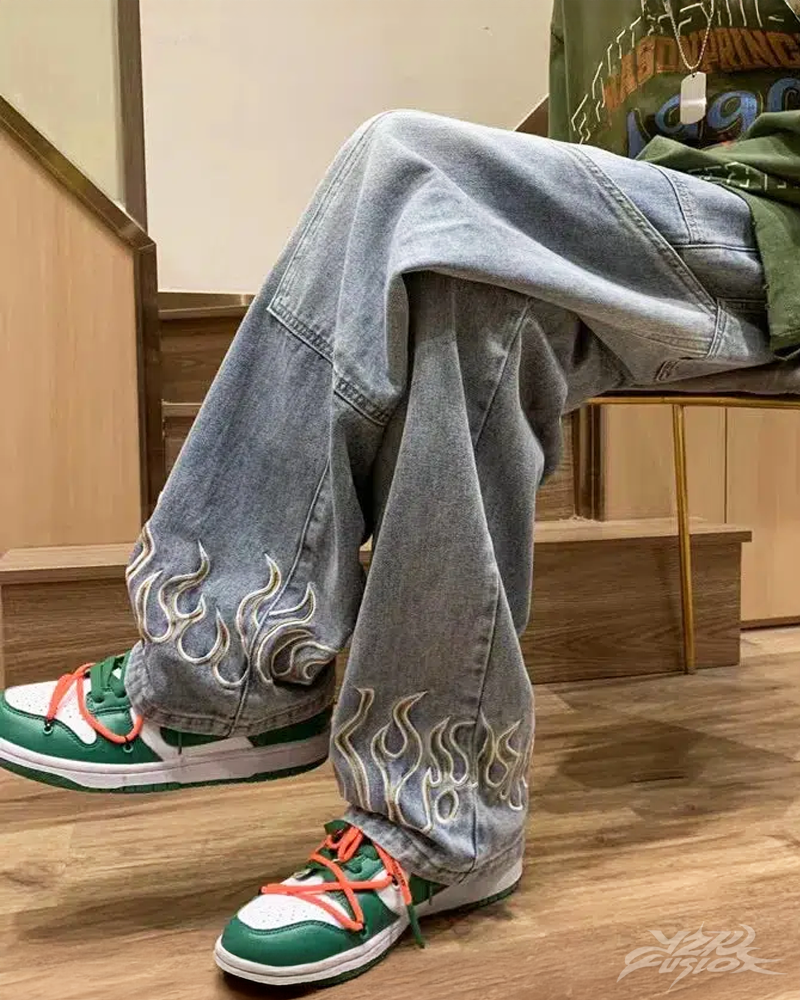 Jeans With Embroidered Flames