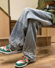 Jeans With Embroidered Flames
