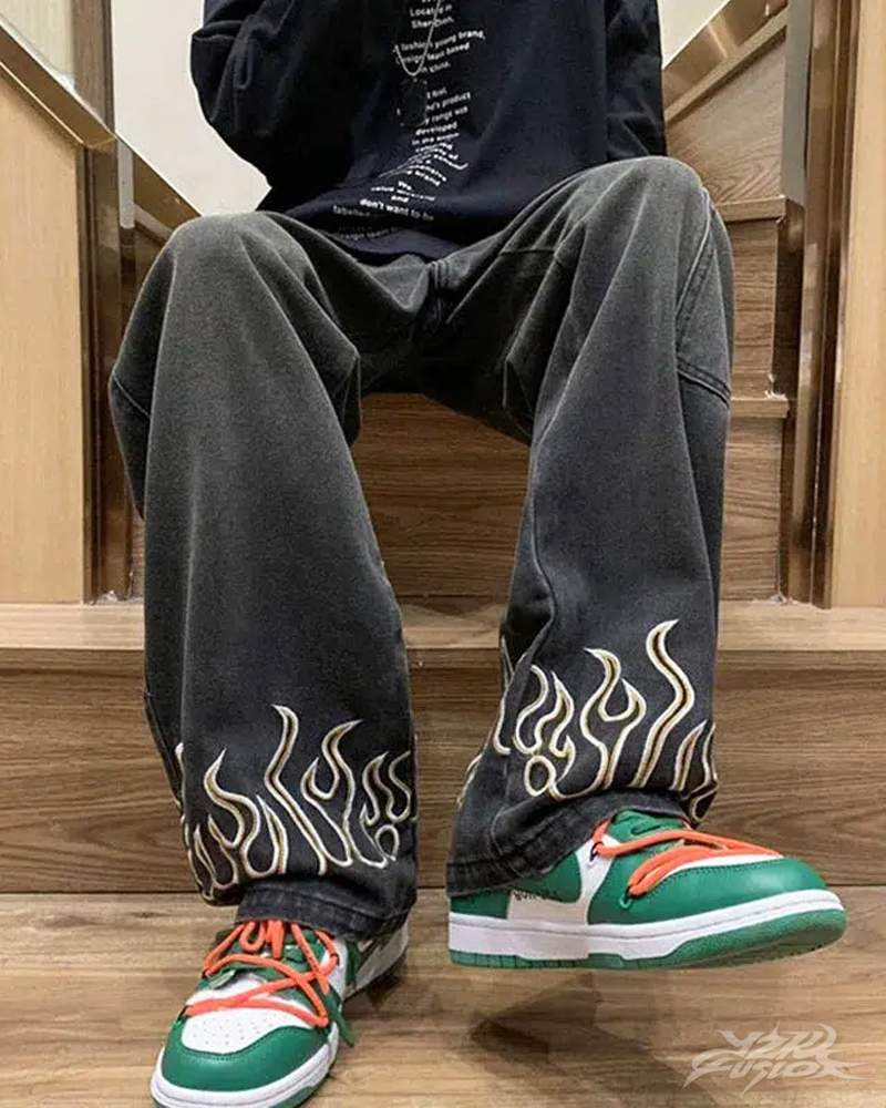 Jeans With Embroidered Flames