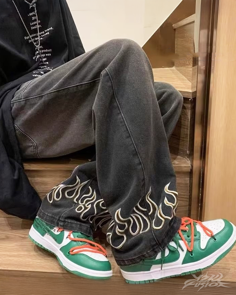 Jeans With Embroidered Flames