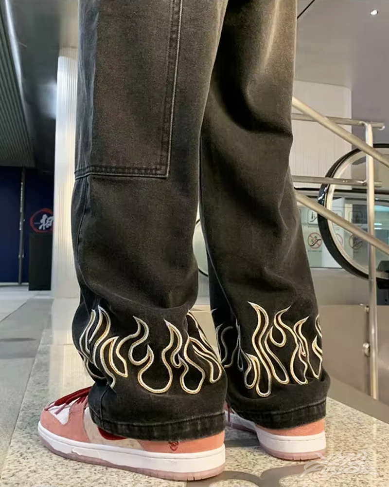 Jeans With Embroidered Flames