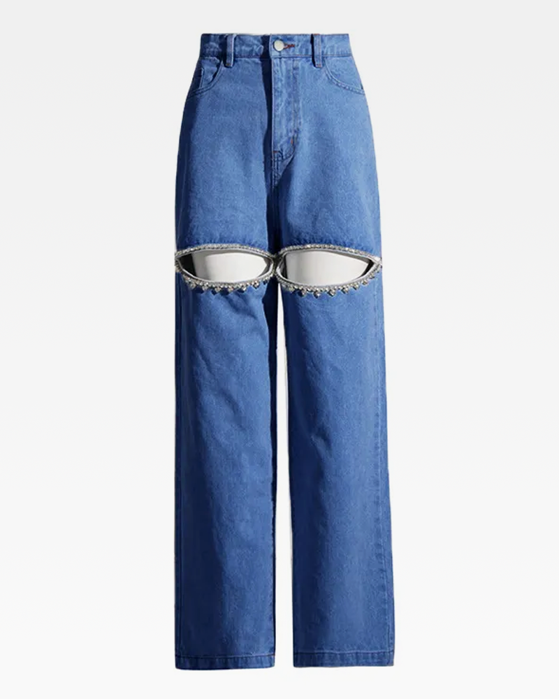 Rhinestone Cut Out Jeans