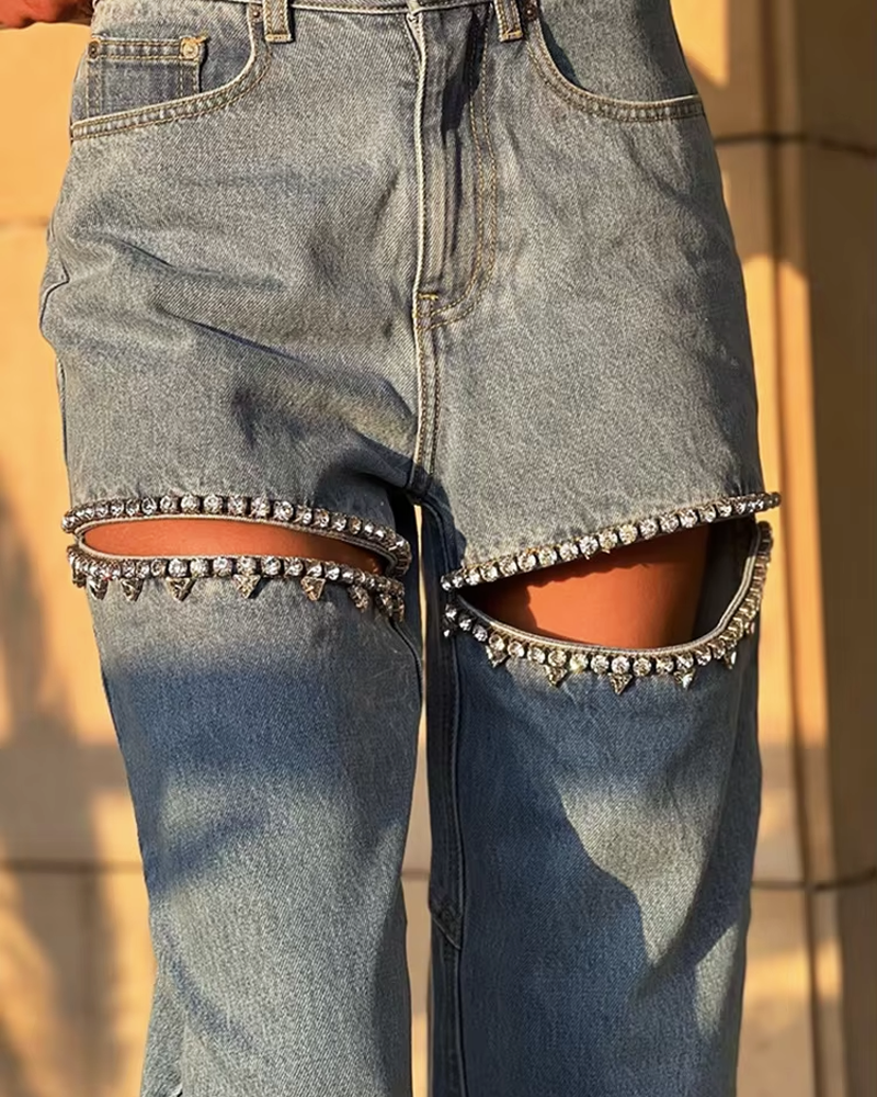 Rhinestone Cut Out Jeans