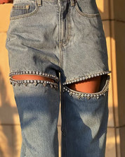 Rhinestone Cut Out Jeans
