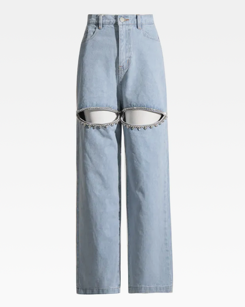 Rhinestone Cut Out Jeans
