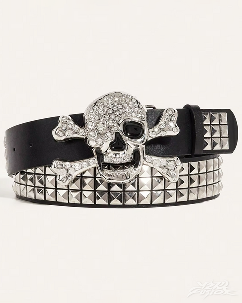 Majestik Rhinestone Skull Belt Y2K Crystal Studded Heavy Leather Sz S‎ 28-32 punk skull head studded belt luxurious strap crystal inlaid  main image 4