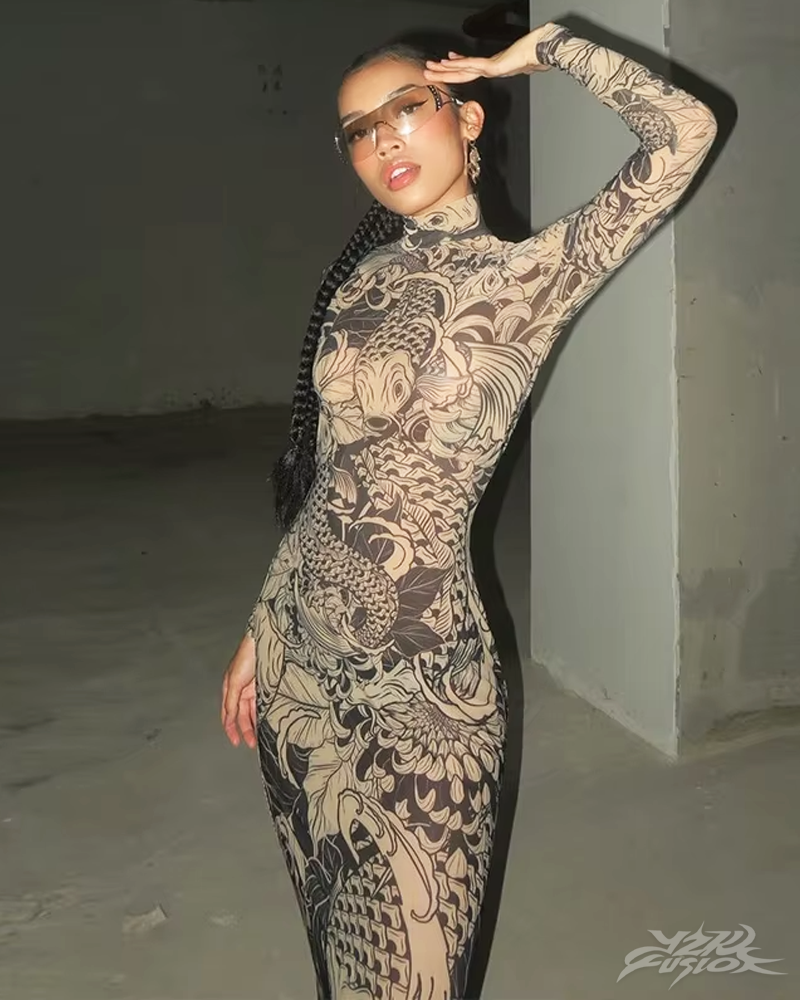tattoo mesh dress Tattoo Print Mesh Midi Dress