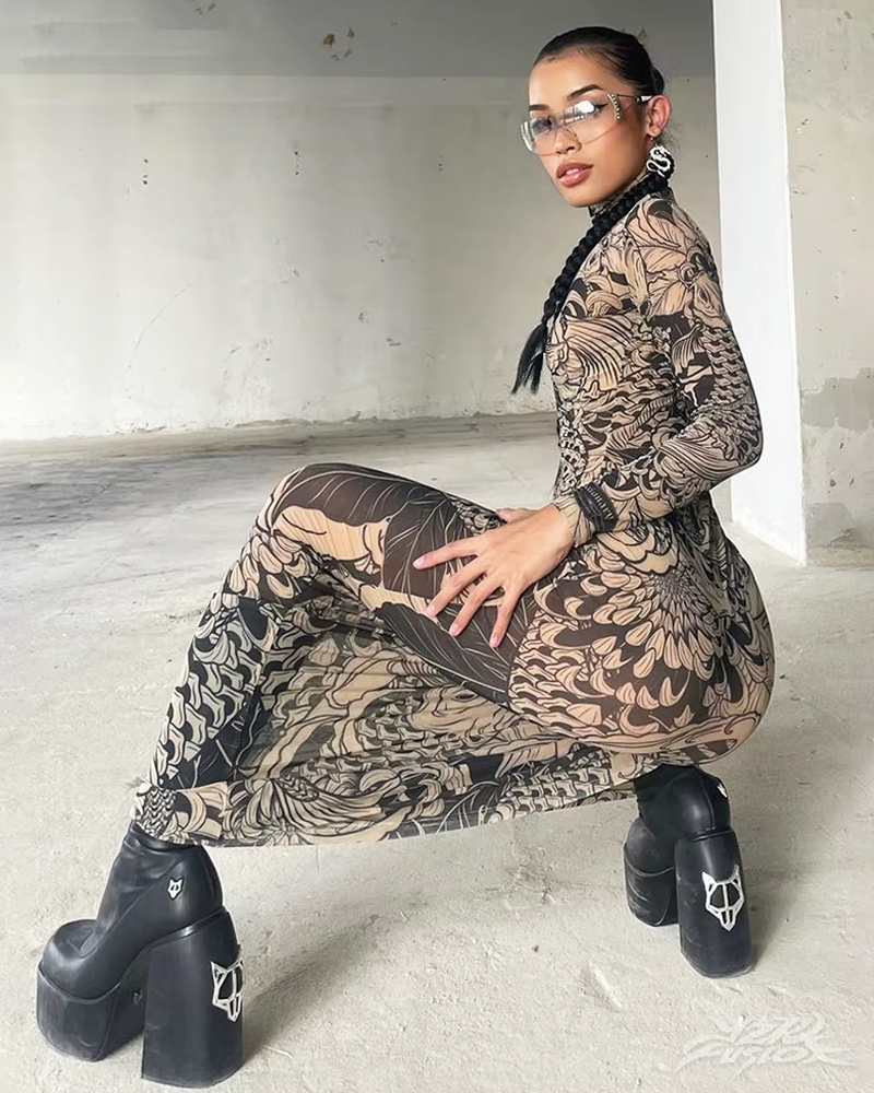 Tattoo Print Maxi Dress