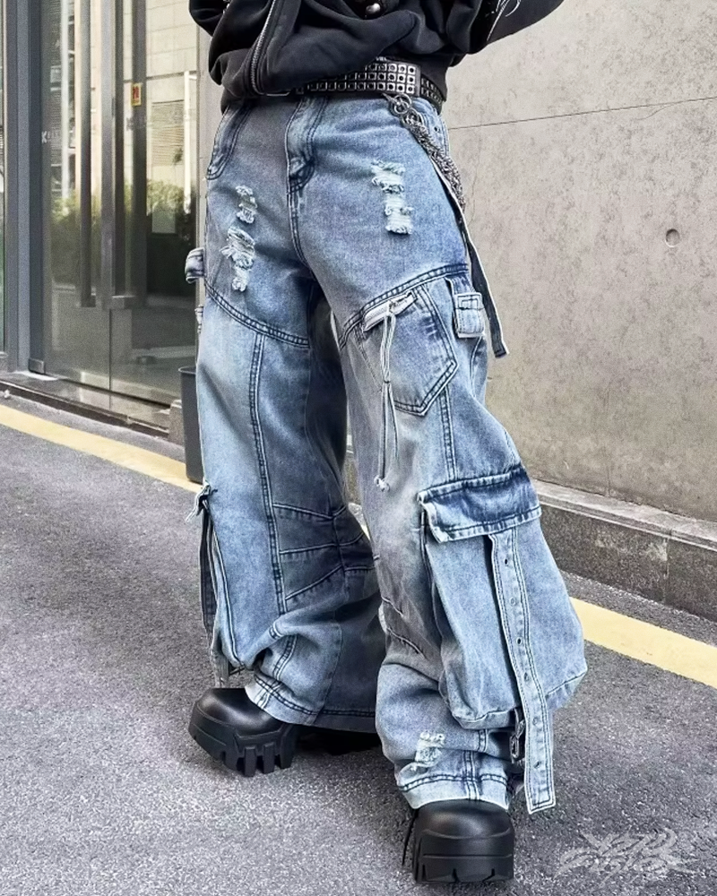 Niebieskie jeansy cargo baggy Y2K