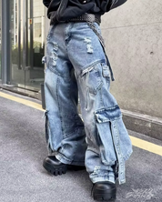 Niebieskie jeansy cargo baggy Y2K
