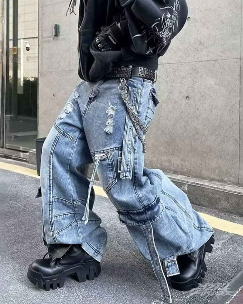 Niebieskie jeansy cargo baggy Y2K