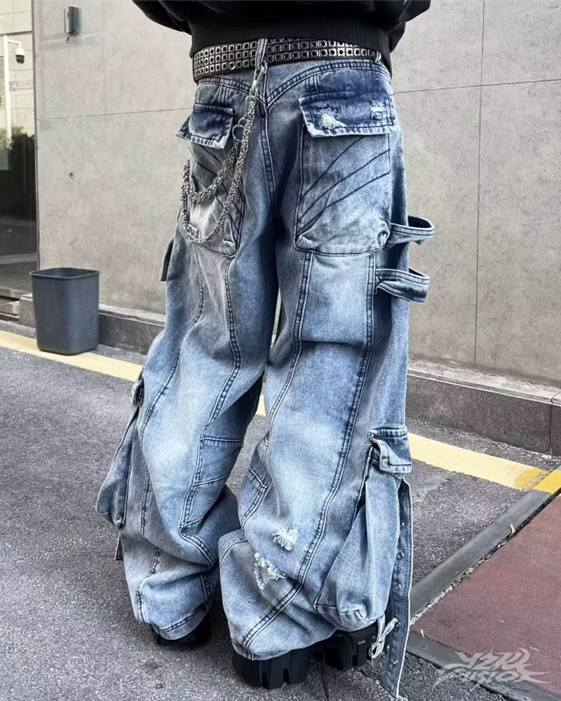Niebieskie jeansy cargo baggy Y2K