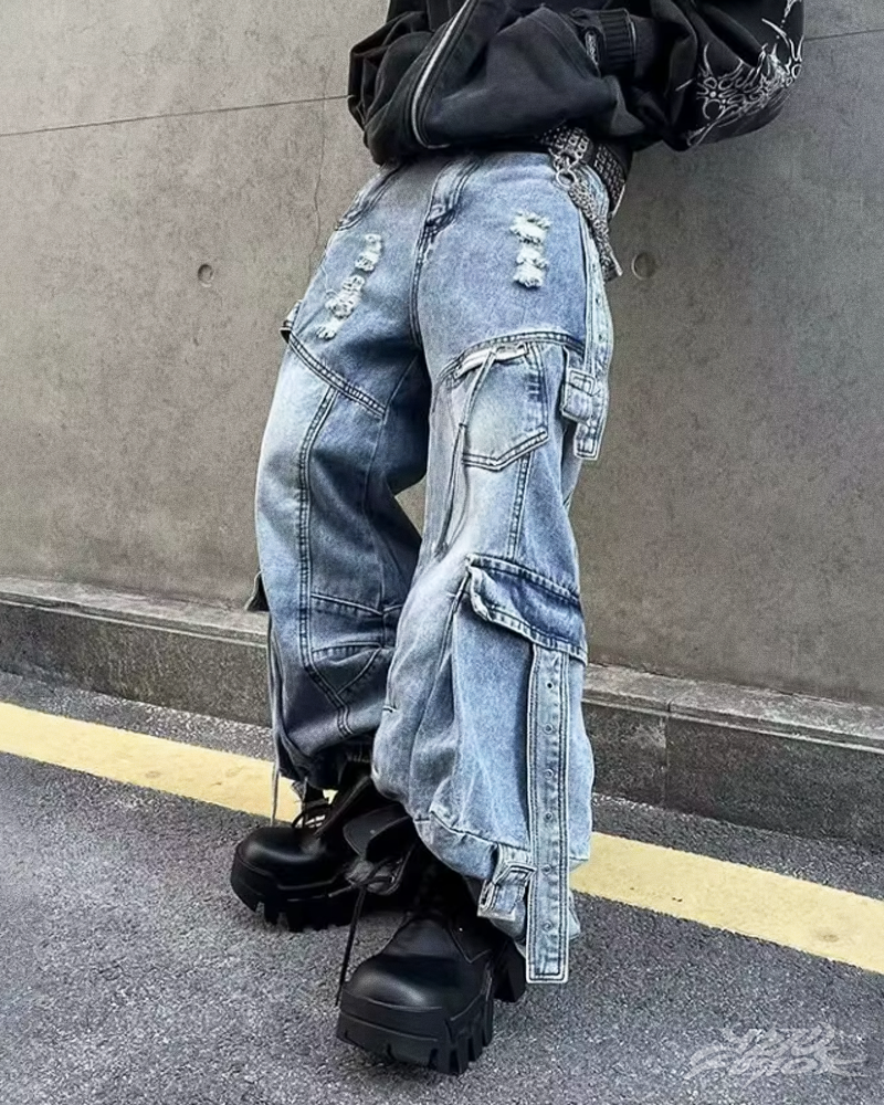 Niebieskie jeansy cargo baggy Y2K