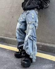 Niebieskie jeansy cargo baggy Y2K
