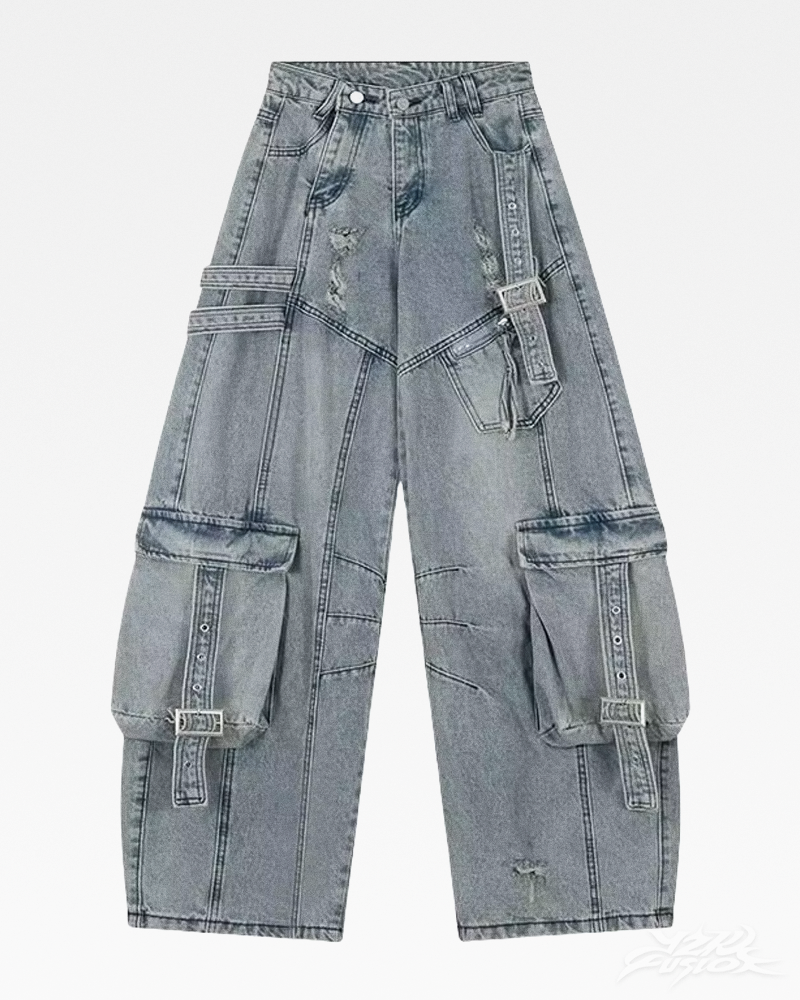 Niebieskie jeansy cargo baggy Y2K