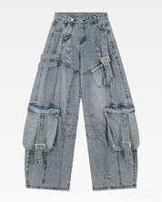 Niebieskie jeansy cargo baggy Y2K