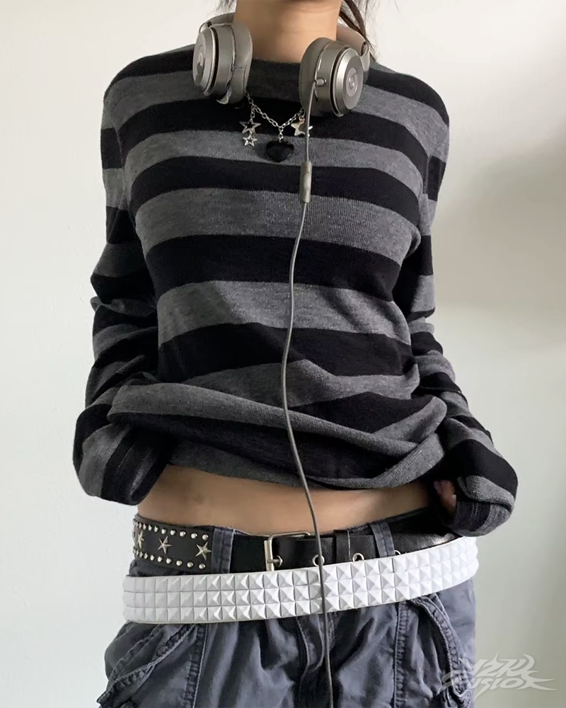 Y2K Grau Schwarz Gestreifter Shirt