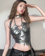 Metaliczny top halter Y2K